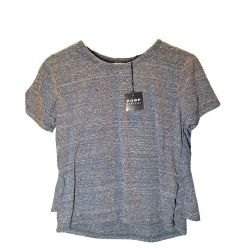 Poof New York Womens Heathered Grey Tiered Back Short Sleeve Top‎ NWT Large